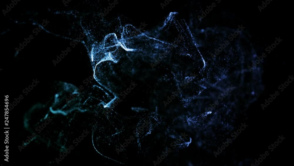 Poster 3d ink effect advection in 4k. glitter in stream of invisible ink in water. 3d render with depth of 