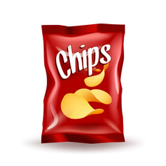 Realistic mockup package of red chips package with label isolated on white background