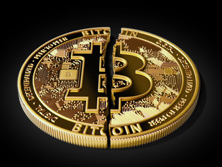 A broken or cracked Bitcoin is laying on white background. Isolated on black. Bitcoin crash concept. 3D rendering