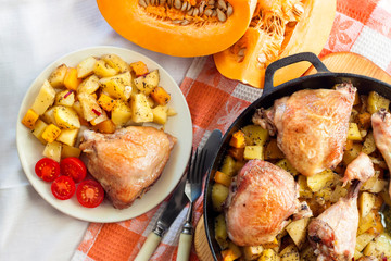 One-pot meal - chicken thighs and legs with potatoes and pumpkin
