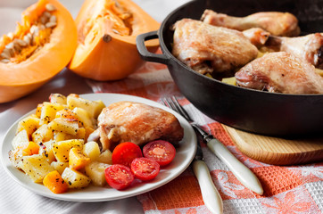 One-pot meal - chicken thighs and legs with potatoes and pumpkin