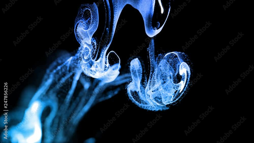 Aufkleber 3d ink effect advection in 4k. glitter in stream of invisible ink in water. 3d render with depth of 