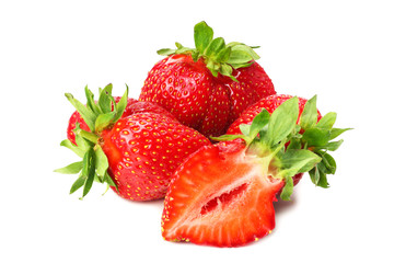 Strawberry with green leaf and slices isolated on white background. Healthy food.