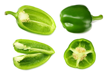 green sweet bell pepper with slices isolated on white background top view