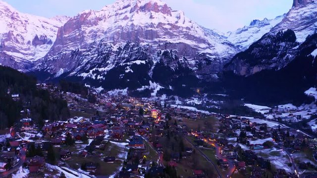 Aerial photos, flight over Grindelwald in sunset, Interlaken - Oberhasli, Canton Bern, Switzerland
