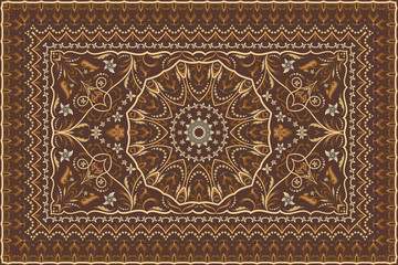 Vintage Arabic pattern. Persian colored carpet. Rich ornament for fabric design, handmade, interior decoration, textiles. Brown background. - 247857010