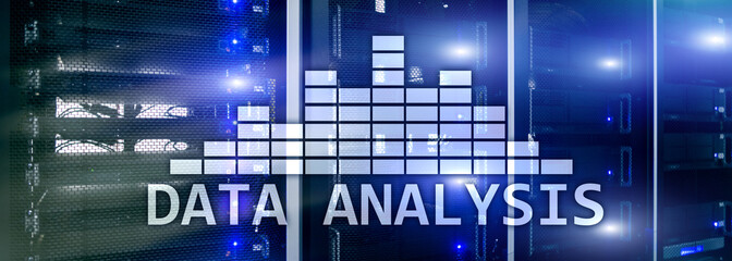 Big Data analysis text on server room background. Internet and modern technology concept