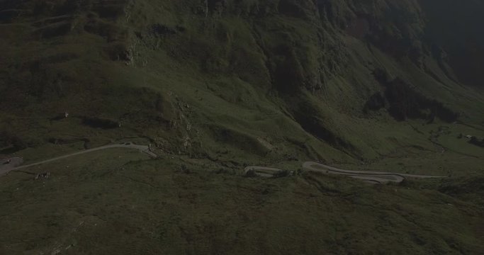 Overview of Hoddevika twisting road to Hoddevika beach. Drone shot in Sogn og Fjordane.