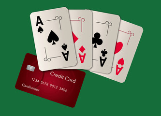Playing cards, all aces, appear with a credit card in this image.