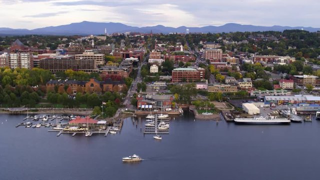 Burlington Vermont, Sunset Flying Aerial Drone Shot New England