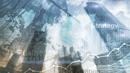 Business abstract background double exposure graph, chart and diagram. World wide map and. Global business and financial trading concept.