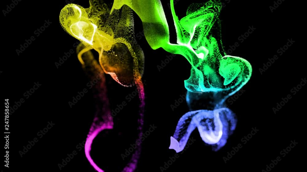 Poster 3d ink effect advection in 4k. glitter in stream of invisible ink in water. 3d render with depth of 