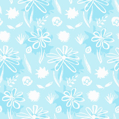 Fototapeta na wymiar Tender blue and white seamless pattern with hand drawn inky flowers and leaves. Bright turquoise chinese ink floral elements texture for textile, wrapping paper, cover, surface, wallpaper