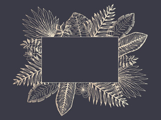 Luxury frame of golden color outline tropical leaves on dark blue background. Trendy rectangle exotic greenery and flowers border for summer greeting cards, banner design, wedding invitation