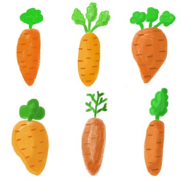 Bright orange six cute cartoon carrot, isolated on white background. Vegetarian dieting food. 