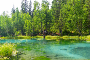 Obraz premium Amazing blue geyser lake in the mountains of Altai, Russia. Unique turquoise lake with crystal clear water and oval circular divorces