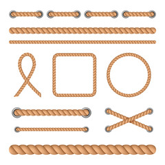 Vector illustration set of realistic seamless treads and twisted rope knots isolated on white background.