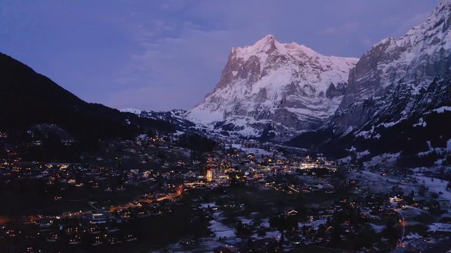 Aerial photos, flight over Grindelwald in sunset, Interlaken - Oberhasli, Canton Bern, Switzerland