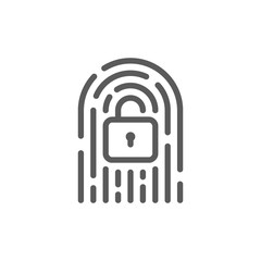 Fingerprint with lock, cryptocurrency, digital key line icon.