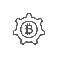 Gear wheel with bitcoin, blockchain, cryptocurrency line icon.