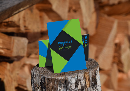 Business Cards Outdoor Stacked on Wood Mockup