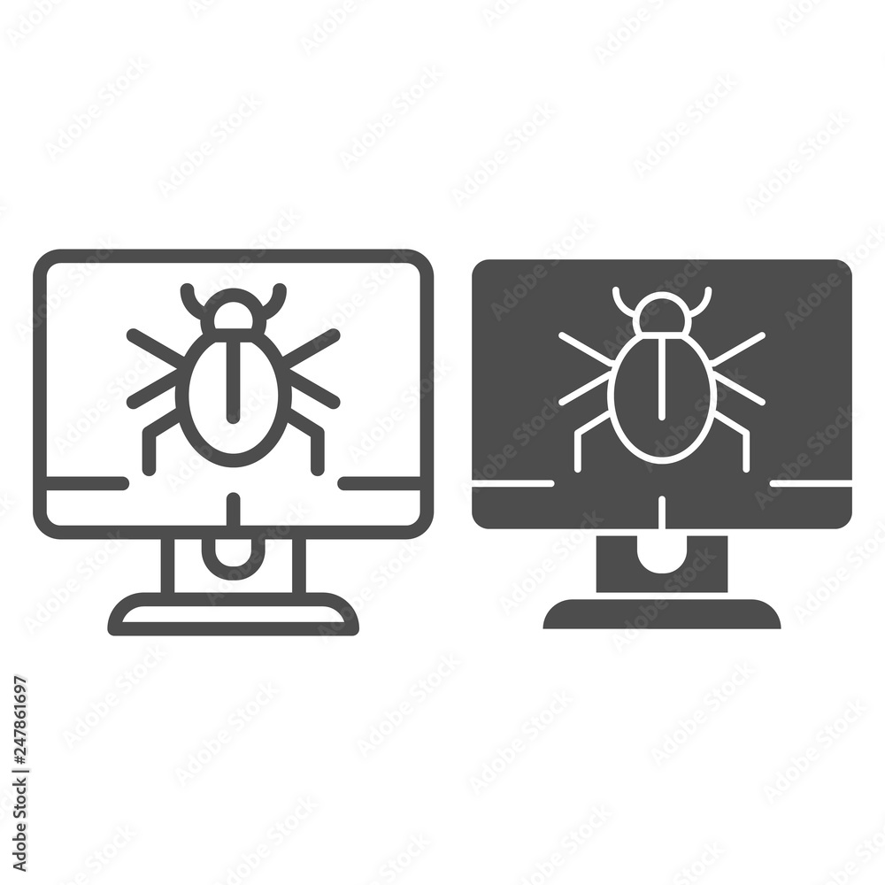 Poster alert notification on desktop line and glyph icon. infected computer vector illustration isolated on