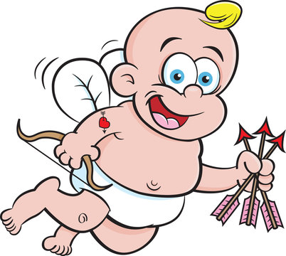 Cartoon illustration of happy baby cupid with a bow and arrows.