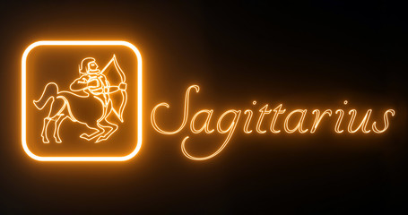 Sagittarius Zodiac Symbol With Orange Neon Lights Isolated On The Black Background - 3D Illustration