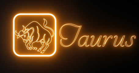 Taurus Zodiac Symbol With Orange Neon Lights Isolated On The Black Background - 3D Illustration