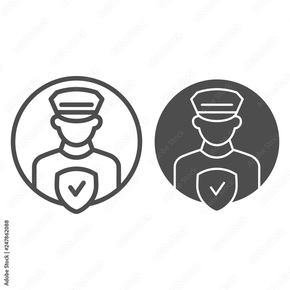 Poster pollice officer control line and glyph icon. policeman with check vector illustration isolated on wh