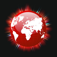 Red planet earth and world map colorful light beams, vector, eps