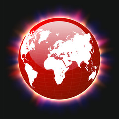 Red planet earth and world map colorful light beams, vector, eps