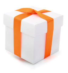 White gift box with orange ribbon.