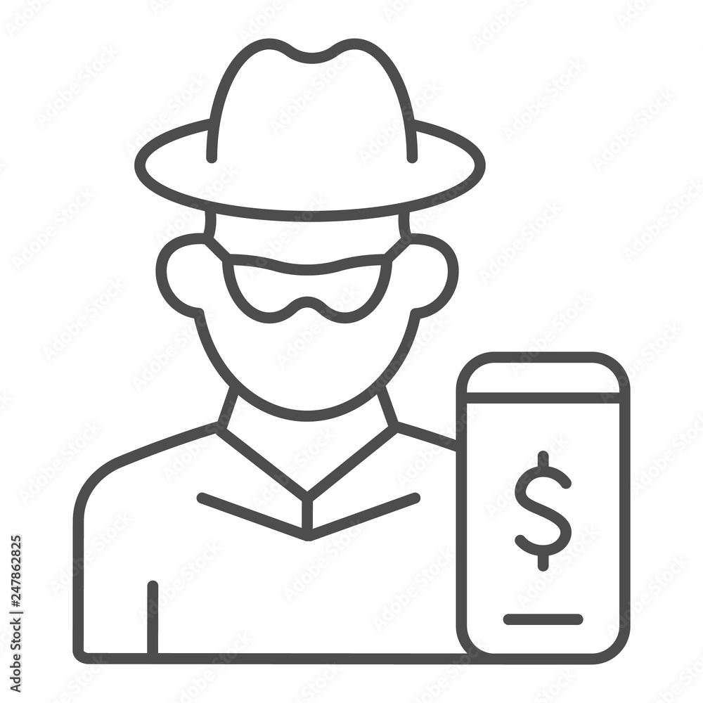 Poster hacker on smartphone thin line icon. mobile phone with thief vector illustration isolated on white. 