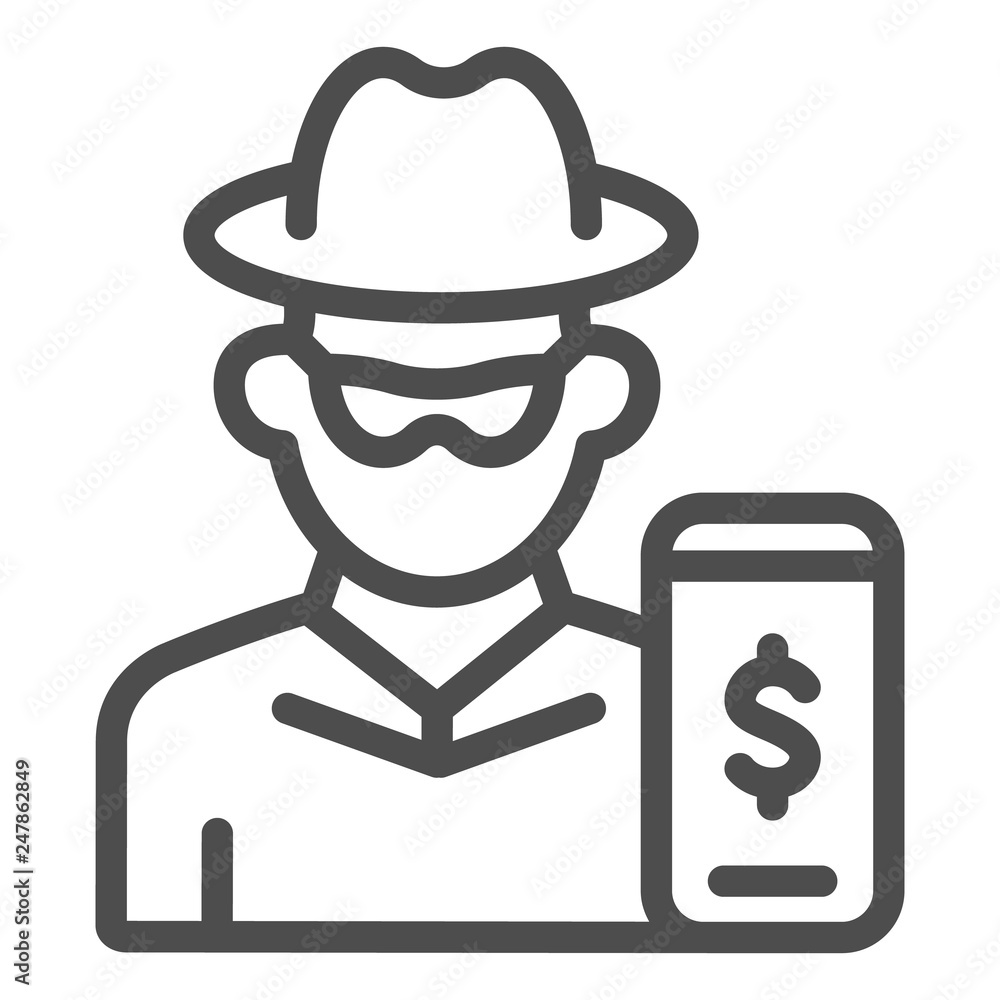 Aufkleber hacker on smartphone line icon. mobile phone with thief vector illustration isolated on white. onlin
