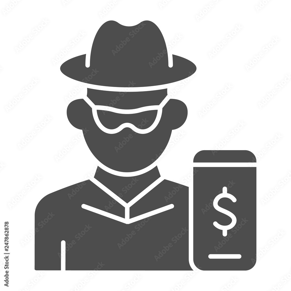 Poster hacker on smartphone solid icon. mobile phone with thief vector illustration isolated on white. onli