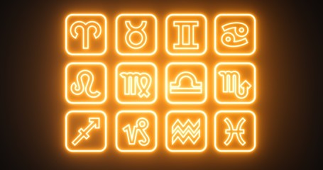 Orange Neon Lights Zodiac Signs On The Black Background - 3D Illustration