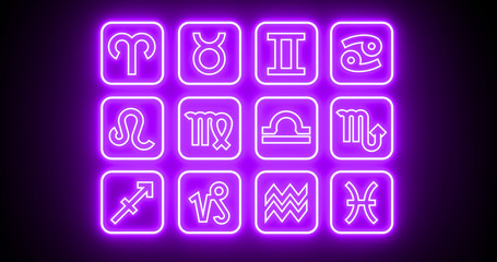 Purple Neon Lights Zodiac Signs On The Black Background - 3D Illustration