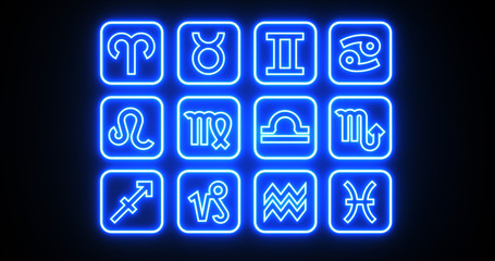 Blue Neon Lights Zodiac Signs On The Black Background - 3D Illustration