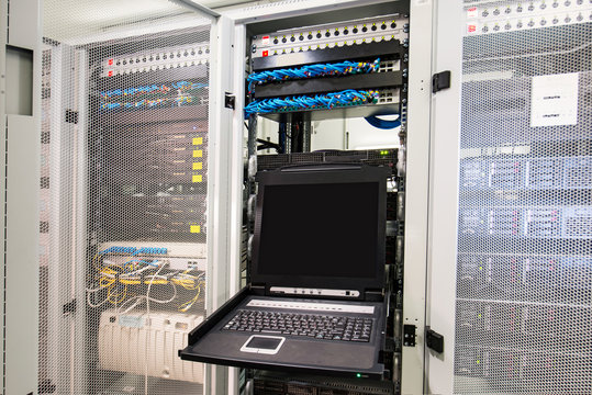 Modern server computer with a connected display in the data center
