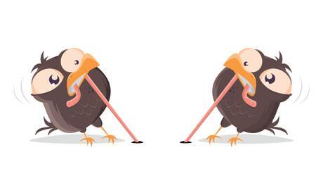 funny cartoon birds fighting for a worm