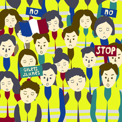 Vector illustration demonstrators with yellow vests concept about the protest in France 2019. People wearing yellow vests standing close to each other and holding banners.