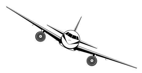 Airplane on blue background. Plane flying in the sky. Front view. Aircraft flat style vector illustration. - 247865086