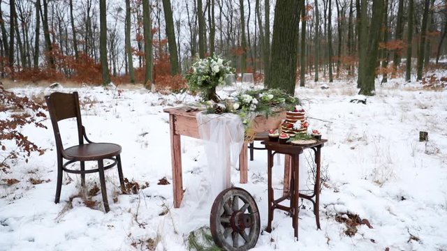 Winter scene of a fruit cake on a stool with wedding rings made of gold during a winter wedding in the middle of a forest on a snow decoration old wooden table on it decorations of coniferous trees
