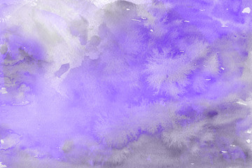 Violet ink and watercolor textures on white paper background. Paint leaks and ombre effects. Hand painted abstract image.