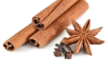 Cinnamon sticks, badian and carnation. Set spices on a white background, isolated. Shallow depth of field, closeup.