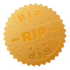 RIP gold stamp award. Vector golden award with RIP tag. Text labels are placed between parallel lines and on circle. Golden skin has metallic structure.