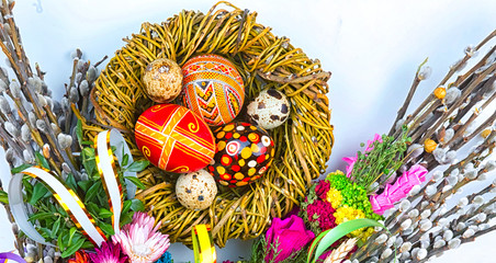 willow Sunday background of willow branches, willow bouquets. Easter top view. place for text