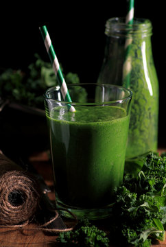 Tasty and healthy smoothie. Kale smoothie in a glass