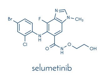 Selumetinib cancer drug molecule (MEK1 and MEK2 inhibitor). Skeletal formula.